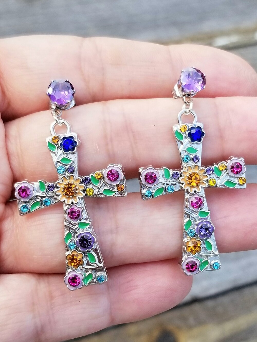 Colorful Floral Cross Stud Earrings, Rhinestone Cross Dangle Earrings